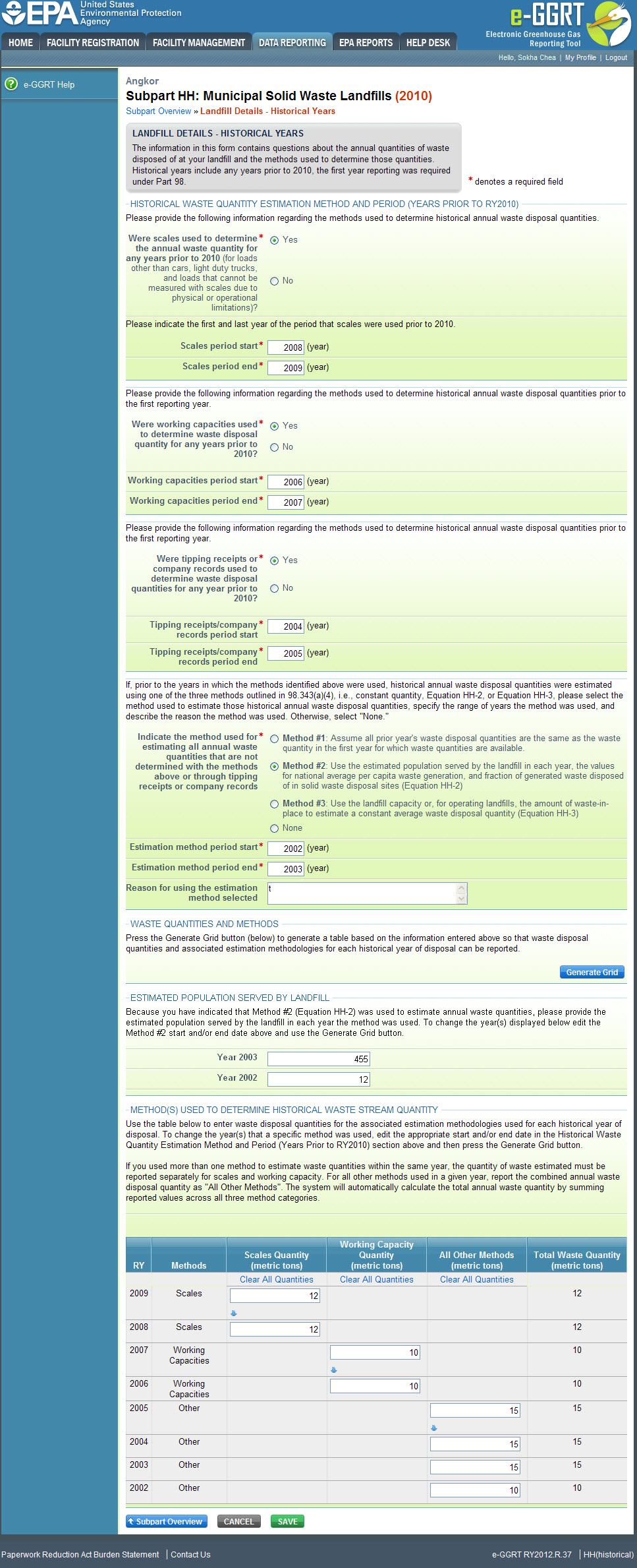 Subpart HH: Landfill Details - Historical Years
